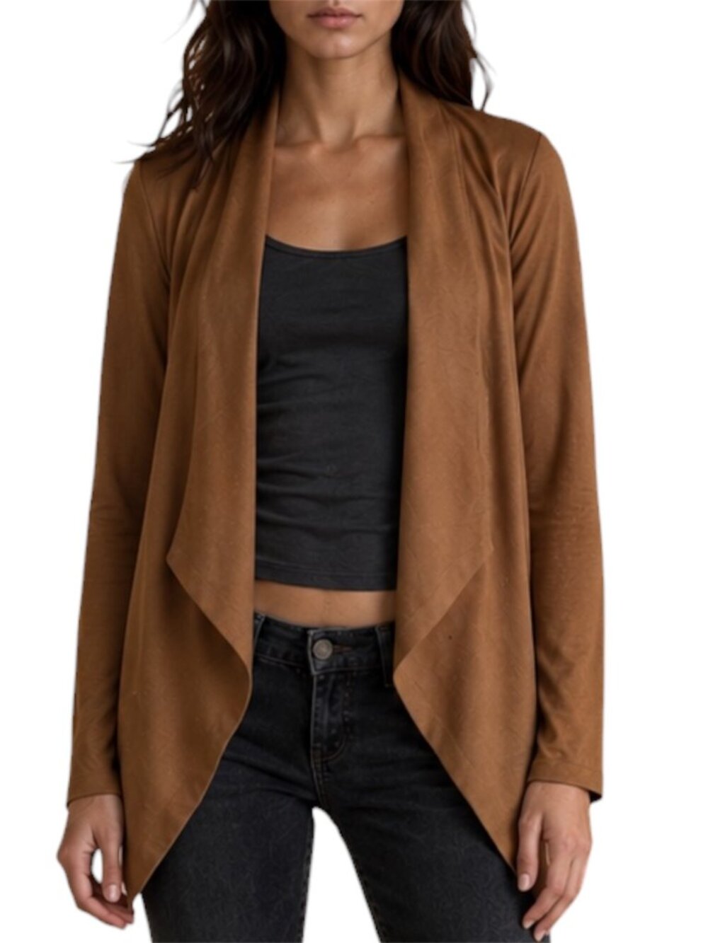 L Soft Surroundings Brown Faux Suede Drape Cardigan Boho